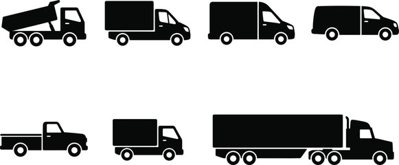 Set of commercial vehicle silhouettes featuring delivery trucks vans semi trailer and dump truck for logistics and shipping © Manik