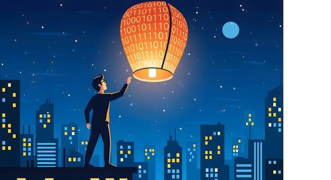 Young Man Releasing Binary Night Lantern Over City
