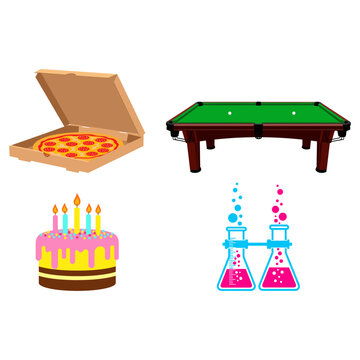 Vector Collection of Pizza, Cake, Billiards Table, and Chemistry Flasks