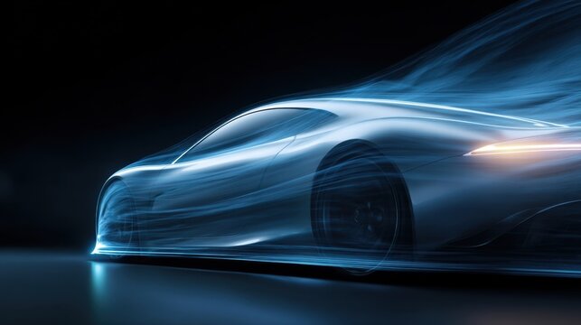 Futuristic Aerodynamic Sports Car Concept Visualized with Blue Airflow Streamlines in a Wind Tunnel Test Representing High Performance Engineering Automotive Design and Advanced Fluid Dynamics