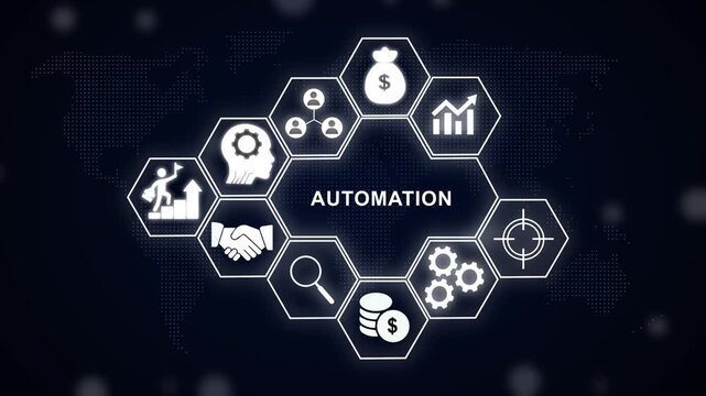Digital business automation concept featuring glowing hexagonal infographic interface with for financial growth, strategic planning, team management, and industrial