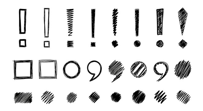 Collection of hand-drawn punctuation marks and shapes on a white background