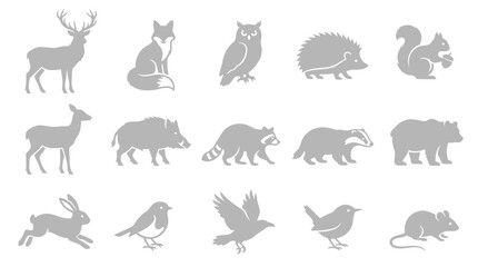 Naklejka premium A collection of silhouette illustrations of various wild animals found in forests and woodlands.