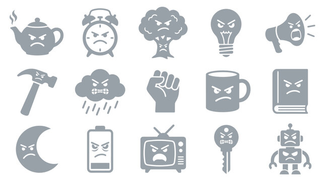 A collection of 15 gray icons representing various objects and concepts with angry or frustrated facial expressions.
