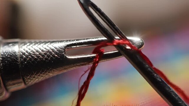 Closeup of red thread being threaded through a sewing needle eye.