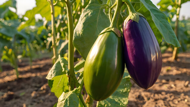 Brinjal hanging on tree in garden Brinjal in field in natural warm sunlight view, blue and yellow flowers