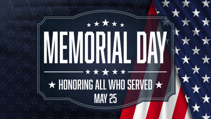 Memorial Day Patriotic banner with waving American flag  on dark blue background with small stars. Vector illustration. © angelmaxmixam
