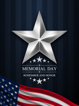 Memorial Day Vertical patriotic poster with large silver star on dark striped background with waving American flag. Vector illustration.