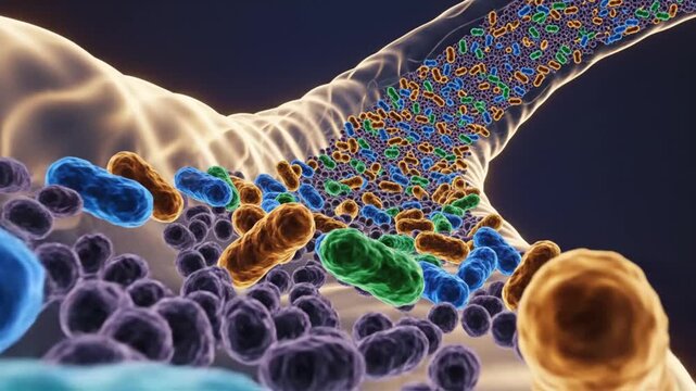 Probiotic therapy depicted by transparent body gut microbiome immune defense army visualization abstract loop with copy space