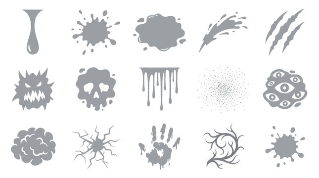 Collection of 15 spooky and scary graphic elements, including a dripping liquid, splatters, monster faces, a skull, claw marks, and a handprint.