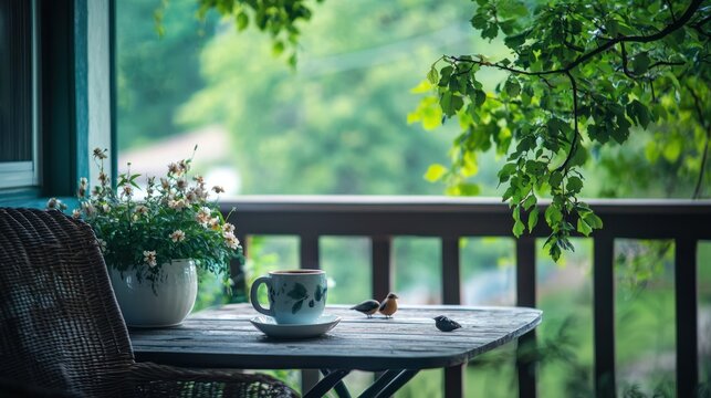 A peaceful morning in cottage life, with coffee on the porch and birds singing in the trees.