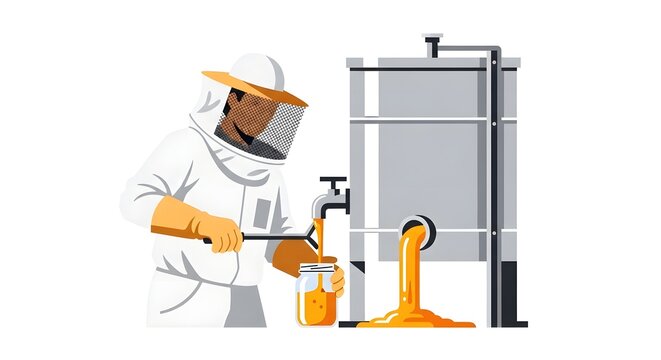 Beekeeping Worker Operating Honey Extractor in Protective Suit
