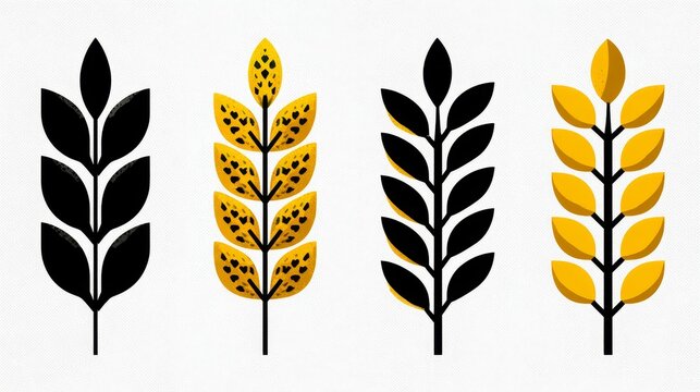 Four simple vector icons of wheat ears, black and yellow color palette on white background, minimalist design.