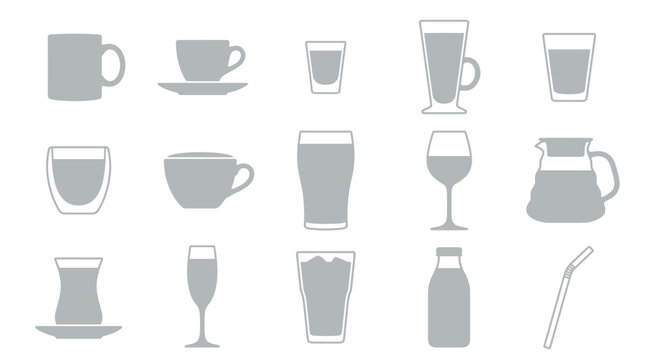 A collection of various drinking vessels and containers, including mugs, cups, glasses, and a pitcher, presented in a simple, flat design.