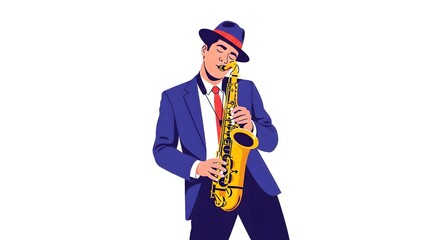 Naklejka premium Elegant Jazz Saxophonist in Blue Suit and Hat Playing