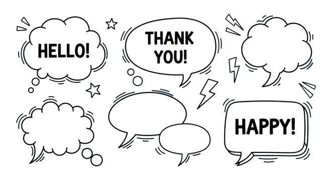 hand drawn speech bubble and thought bubble collection in comic style expressing hello thank you and happy for communication design