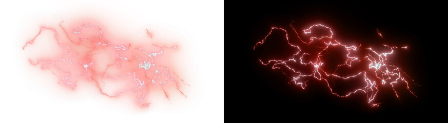 PNG image of Vivid red electrical discharge with intricate, bright white energy sparks creating a dynamic lightning effect on transparent background. © rehena