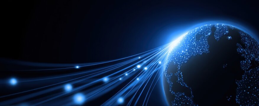 Digital technology on a vibrant blue background highlights a dynamic globe and interconnected data network.