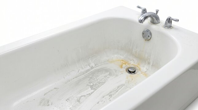 Close-up of a dirty white bathtub with rust stains and soap scum near the drain