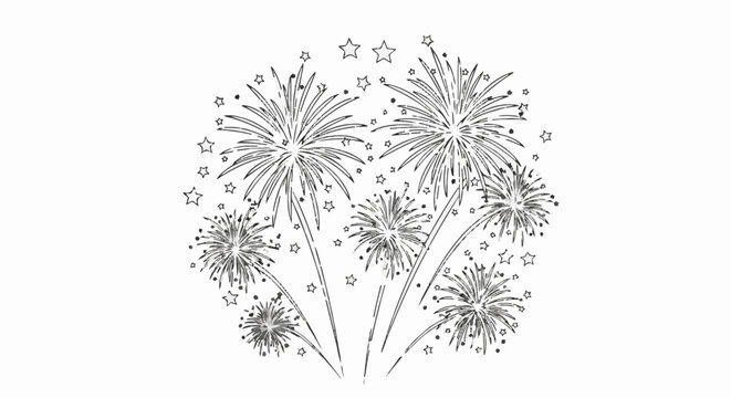 Festive display of bursting fireworks and twinkling stars in black and white
