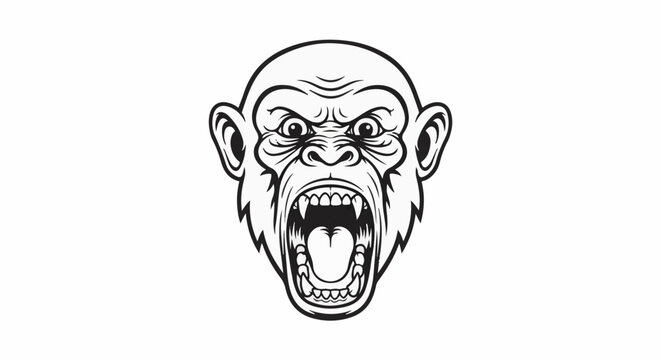 Fierce ape roaring with fangs and wide open mouth