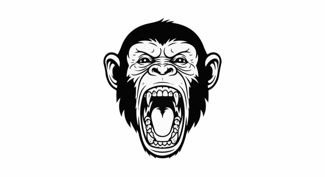 Fierce primate with bared teeth and furrowed brow, black and white