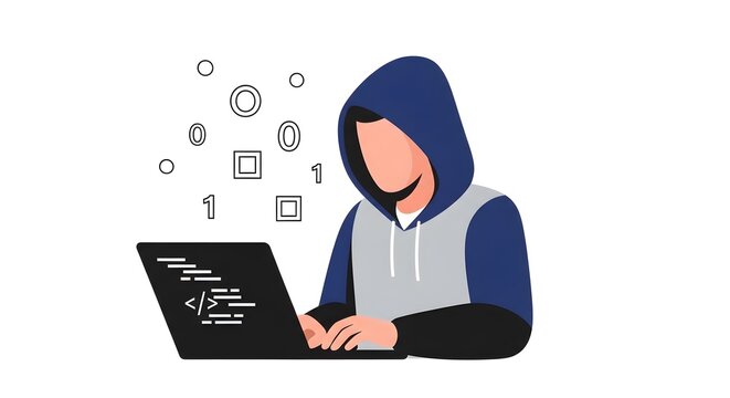 Young Hacker in Hoodie Coding at Laptop