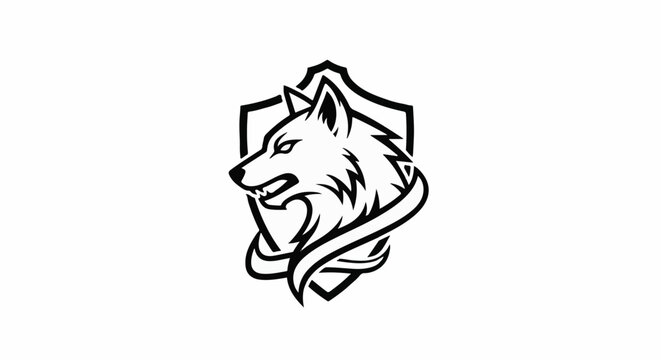 Fierce wolf head on shield with swirling ribbon, black and white