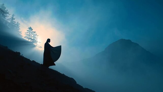 Man standing on mountain peak.