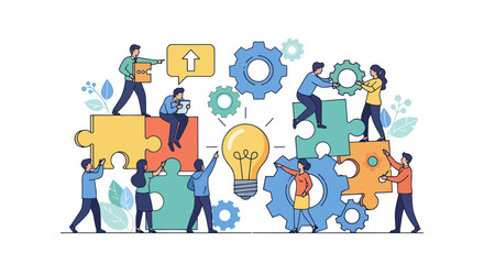A vibrant illustration of a team collaborating on a puzzle with a lightbulb, surrounded by gears and icons on a white background, representing a © Dongane