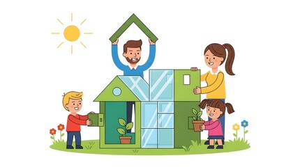 Naklejka premium Happy Family Building Eco Friendly House with Solar Glass Panels
