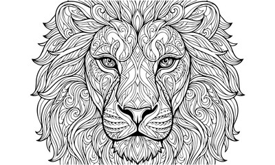 Obraz premium Majestic lion head sketch with intricate line art and tribal patterns. oloring page, Black and White Line Art Printable for Kids and Adults. 