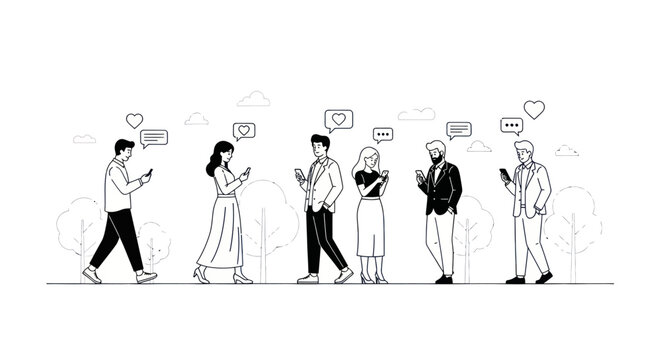 People Using Smartphones and Social Media While Walking Illustration