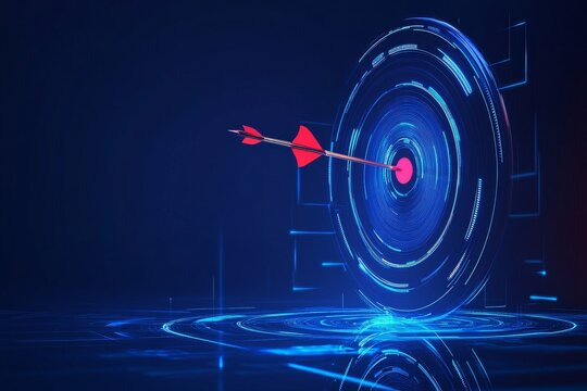 Arrow hits bullseye in dark blue digital design showing success in business strategy and technology