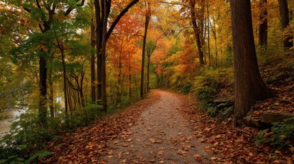 Fototapeta premium A scenic fall walk along a trail surrounded by trees with rich, warm colors and fallen leaves.