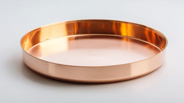 Round tray in rose gold color on white background, studio lighting with no shadows, minimalist product display, clean and elegant presentation.