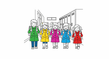 Naklejka premium Diverse children in colorful coats and backpacks stand in a school hallway