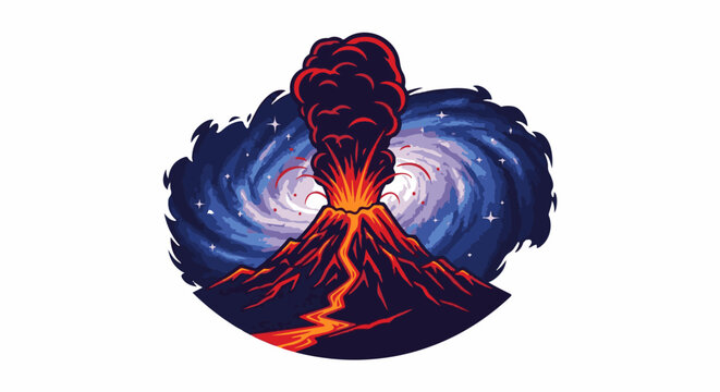 Exploding volcano erupting fiery lava into a starry, swirling galaxy