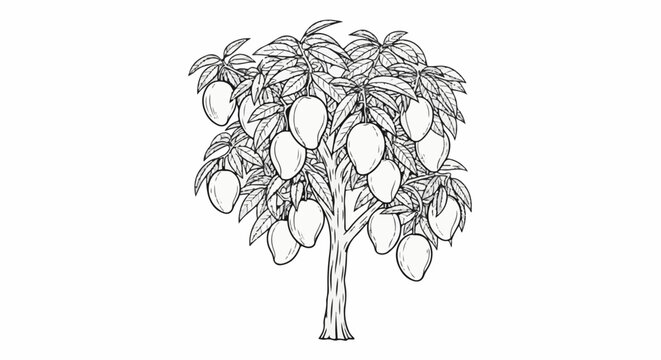 Detailed line drawing of a mango tree laden with ripe fruit