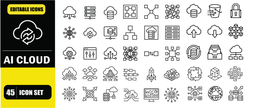 AI Cloud Computing Infrastructure Icon Set &ndash; SaaS Platforms, Data Storage, Server Networks, Cloud Architecture, Scalable Systems, DevOps Automation and Distributed Computing Line Icons &ndash; Thin Line Edi