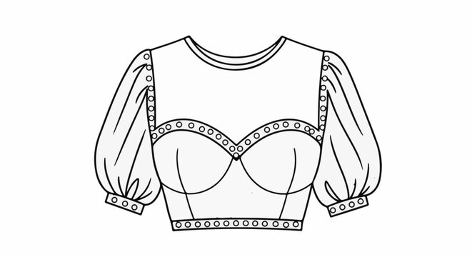 Detailed line drawing of a white, puffy-sleeved cropped top with ornate trim