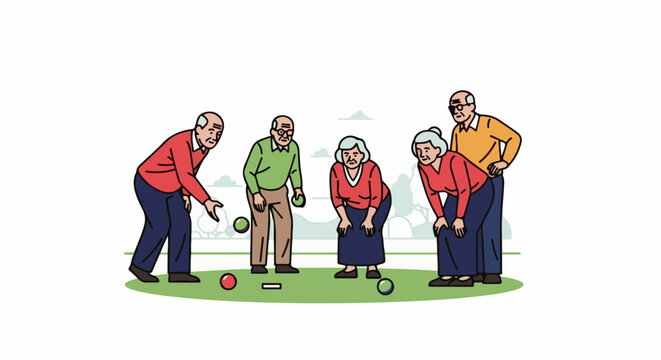 Elderly people playing bocce ball on a grassy field outdoors