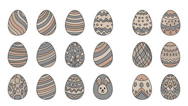 Collection of eighteen decorated Easter eggs with different patterns like stripes, dots, and a bunny face in muted colors.