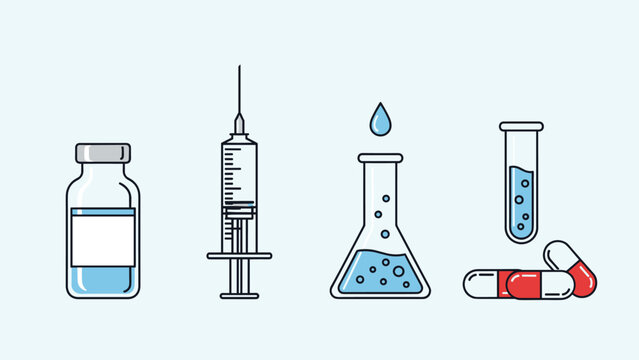 Scientific lab equipment including a medicine vial, syringe, conical flask with liquid, and a test tube with pills.