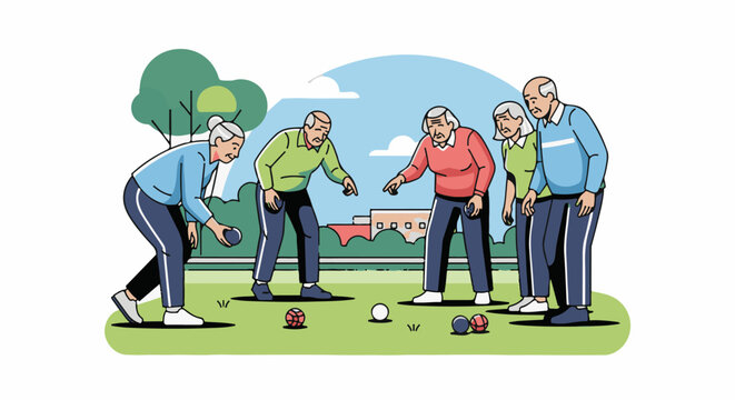 Elderly people playing bocce ball on a sunny day