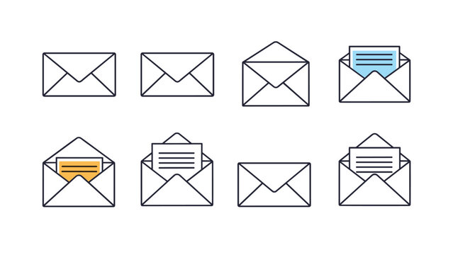 Sequence of eight envelope icons showing different states of mail including closed, open, and containing letters.