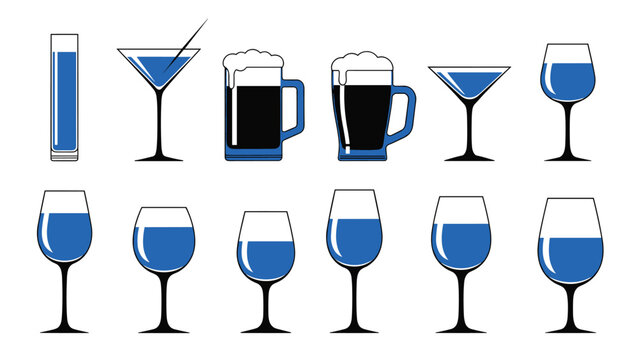 Various types of glassware filled with blue liquid including wine glasses, beer mugs, and cocktail glasses in a row.