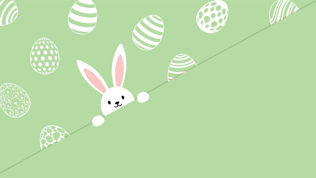 Cute white Easter bunny peeking over a green border with several patterned Easter eggs floating in the background.