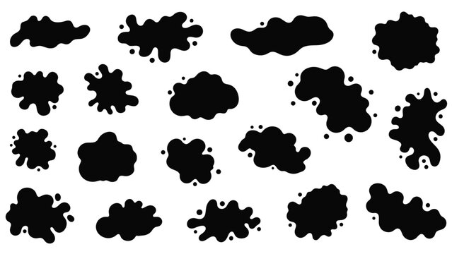 Collection of black ink splats and liquid droplets in various shapes and sizes on a white background for artistic design effects.