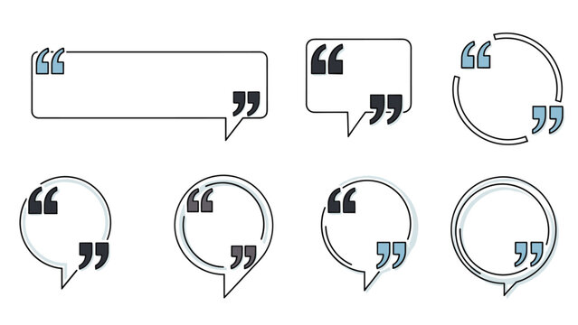 Collection of various speech bubble and quote box shapes with quotation marks for text highlight and communication design.